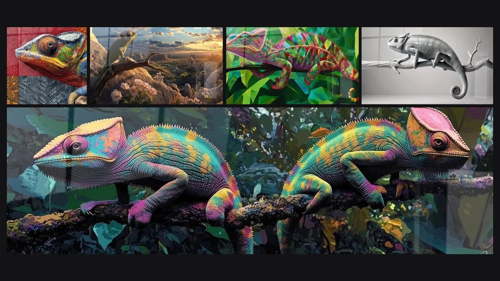 Caméléon vert agrippé à une branche dans son terrarium