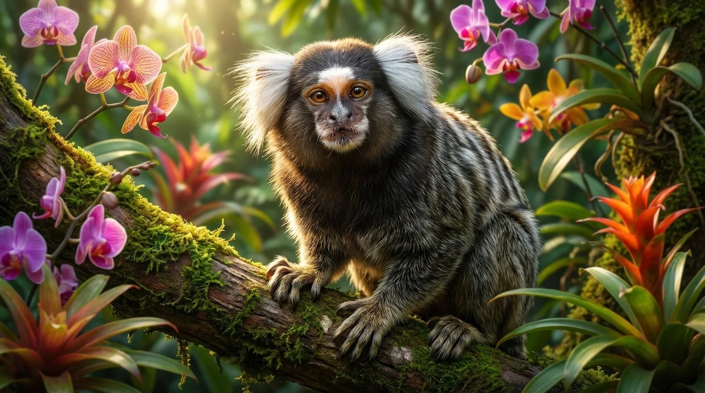 Ouistiti perché sur une branche dans une forêt tropicale