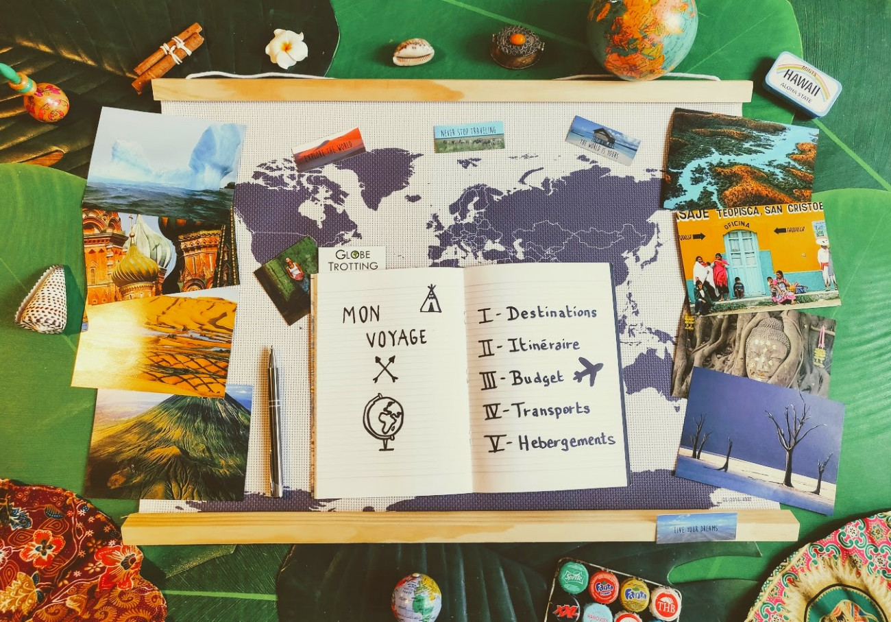 Préparation d'un voyage avec carte, valise et carnet d'itinéraire