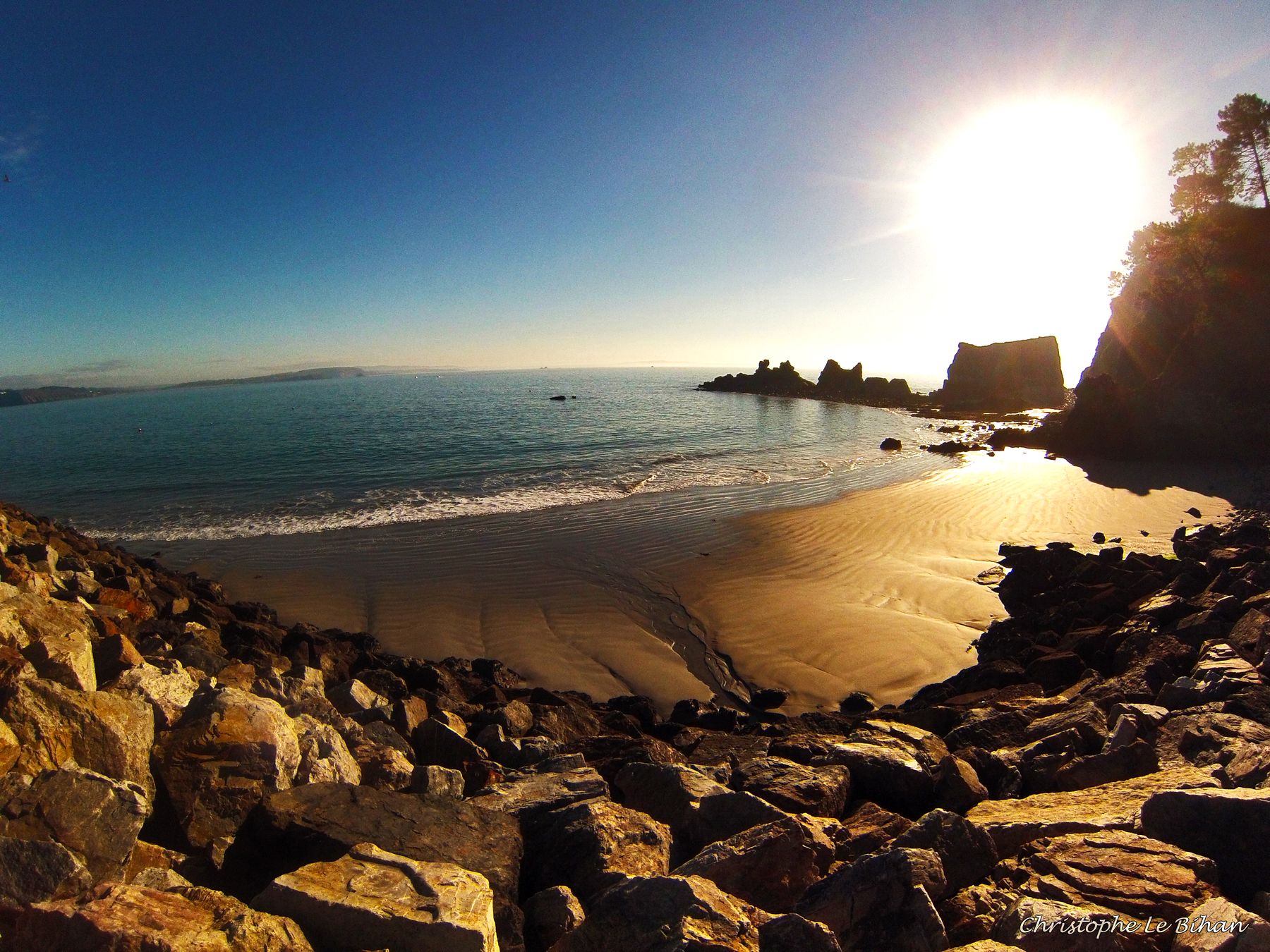 Crique de la plage du bois du Kador à Morgat, entre rochers et pins, face à la baie de Douarnenez