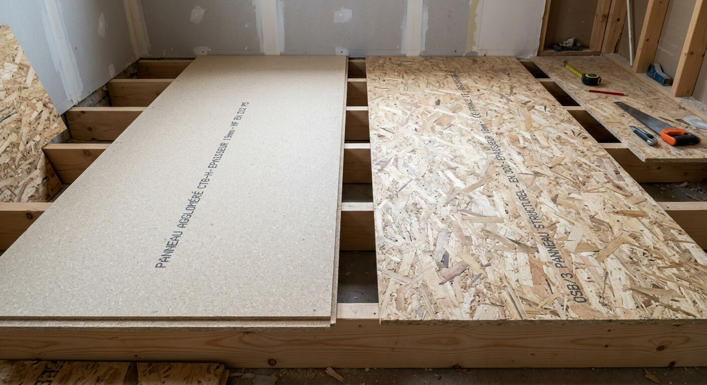 Panneaux OSB et aggloméré empilés sur cales sur un chantier, destinés à un plancher